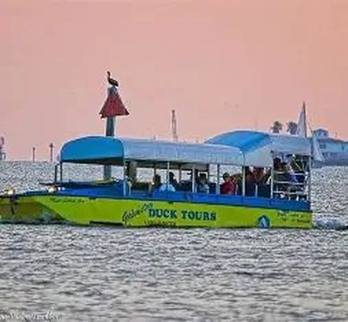 The yellow Lone Star Duck boat out on the Galveston bay