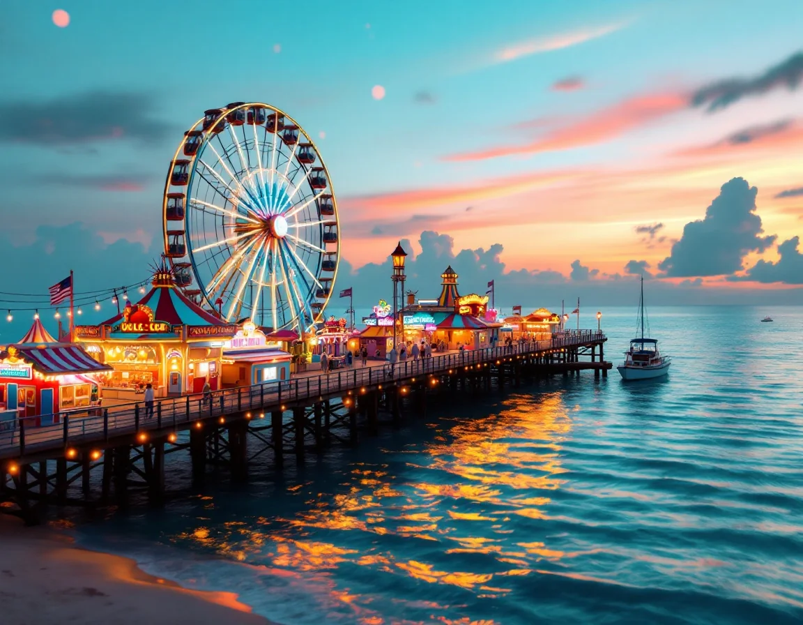 Festive Galveston Pleasure Pier with a lit Ferris wheel at dusk