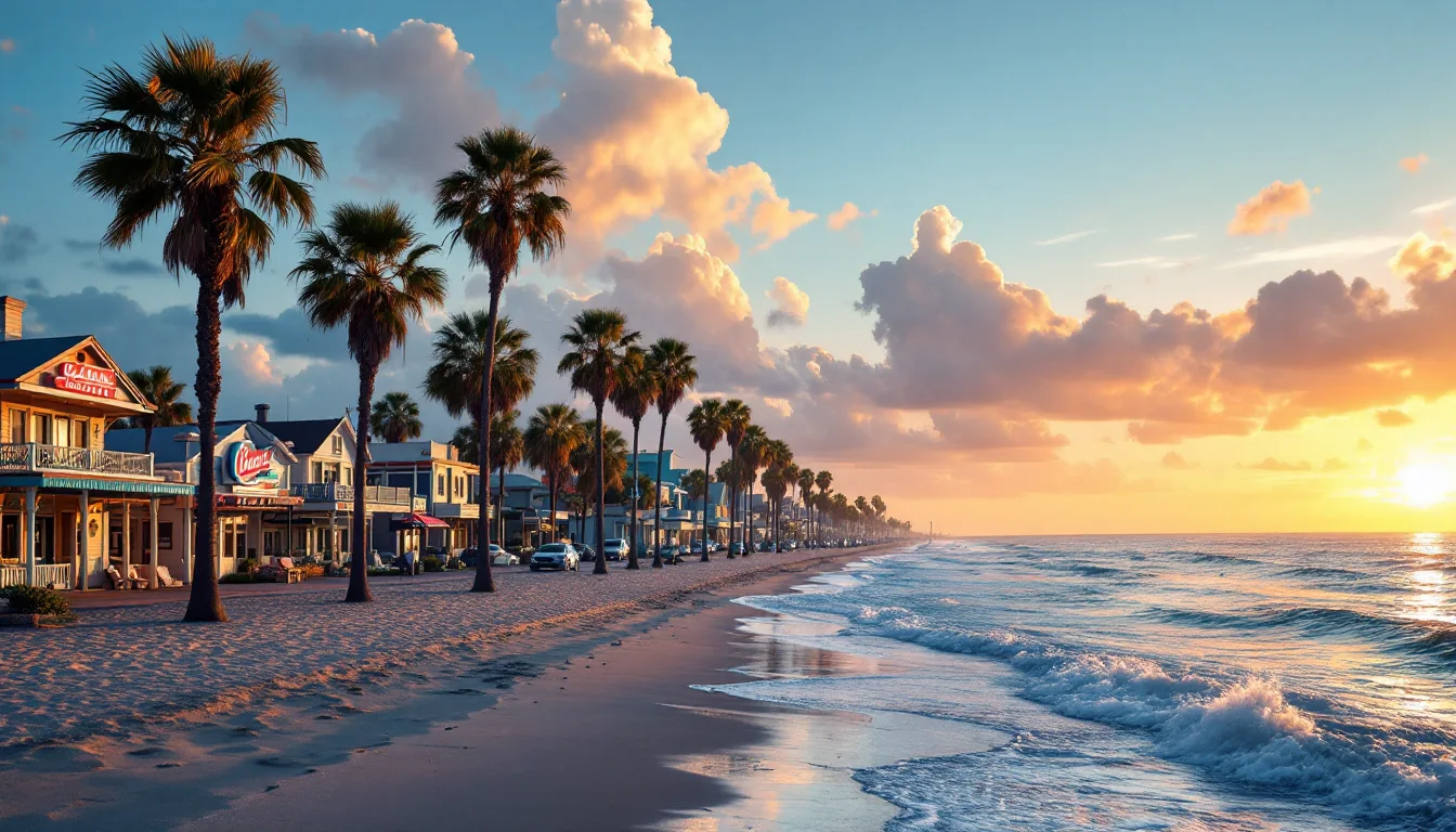 Palm-lined Galveston Seawall glowing at sunset