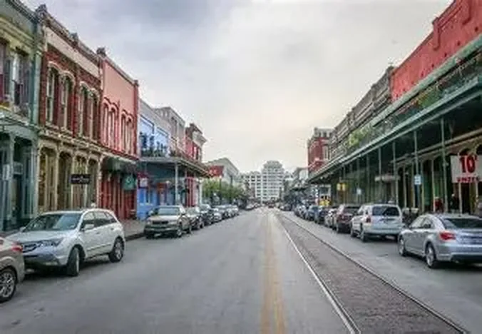 Historic shopfronts along Galveston's Strand district